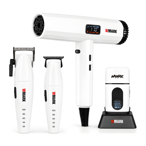 Zestaw Barber WMARK – Maszynka + Trymer + Shaver + Suszarka (Biały Set PRO)