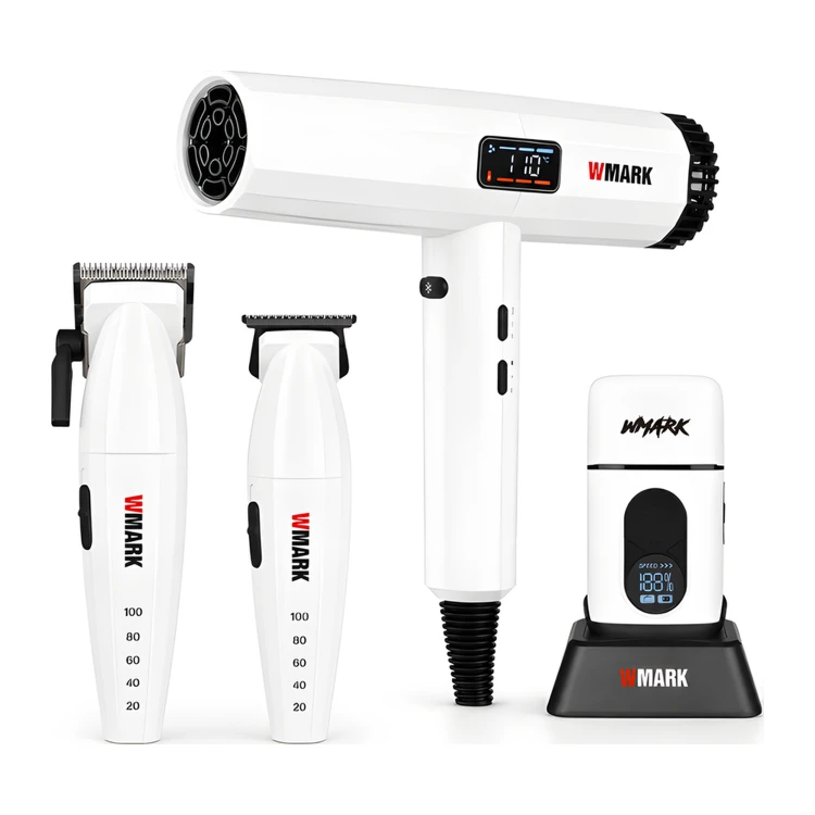 Zestaw Barber WMARK – Maszynka + Trymer + Shaver + Suszarka (Biały Set PRO)