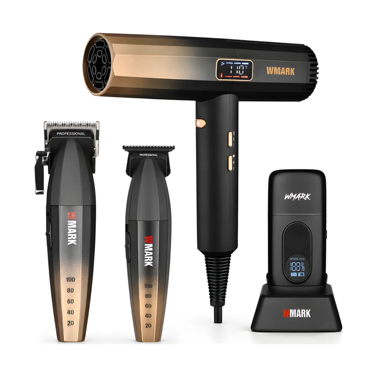 Zestaw Barber WMARK – Maszynka + Trymer + Shaver + Suszarka (Black & Gold PRO SET)
